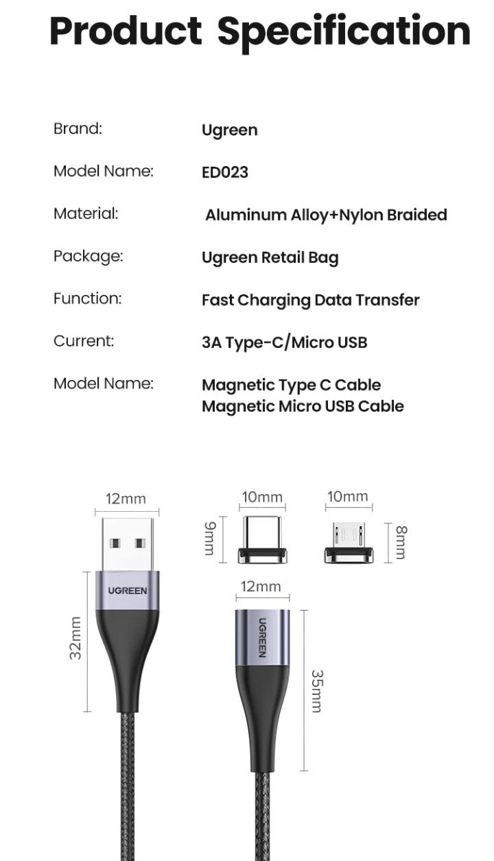 Кабель магнитний/Ugreen/ed023/Tape-C/1м/швидка зарядка/3A