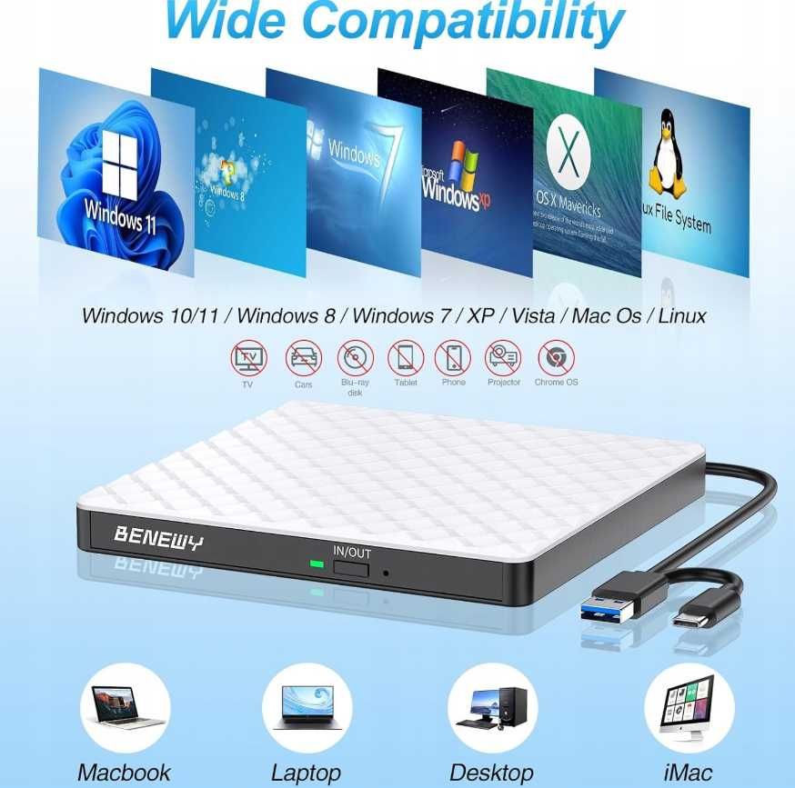 Nagrywarka CD combo z DVD zewnętrzna BENEWY SY879 - biała