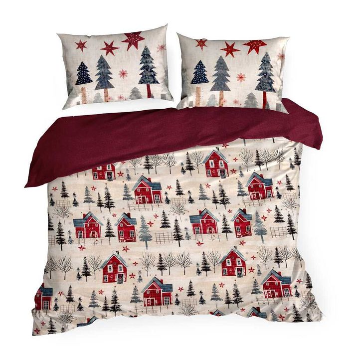 Pościel świąteczna komplet 3 el 160x200 cm satyna bawełna miasteczko