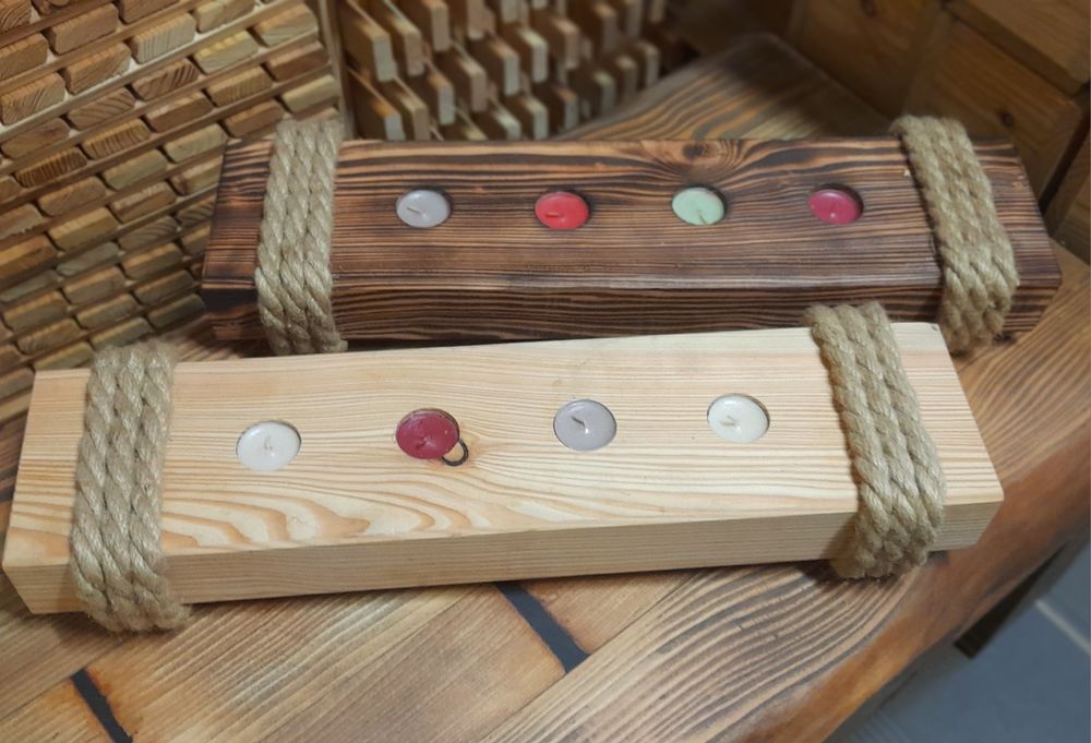 Świecznik, świeca drewniana z liną