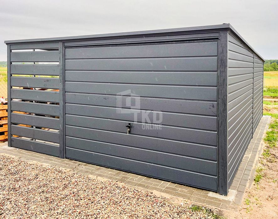 Garaż Blaszany 3X6M + Wiata 1,2M Brama Uchylna Dach Spad Tkd254
