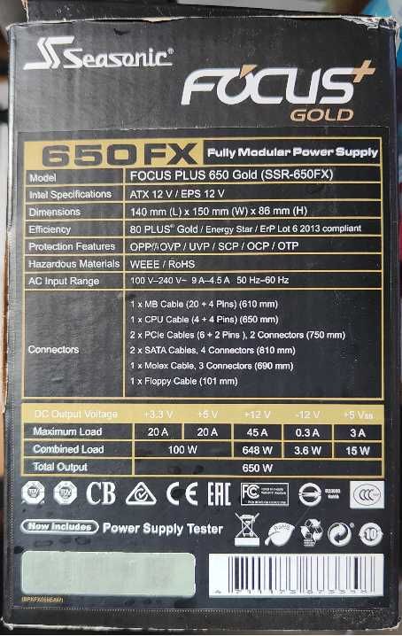 Fonte alimentação PC Seasonic Focus Gold 650 FX (SSR-650FX) Modular