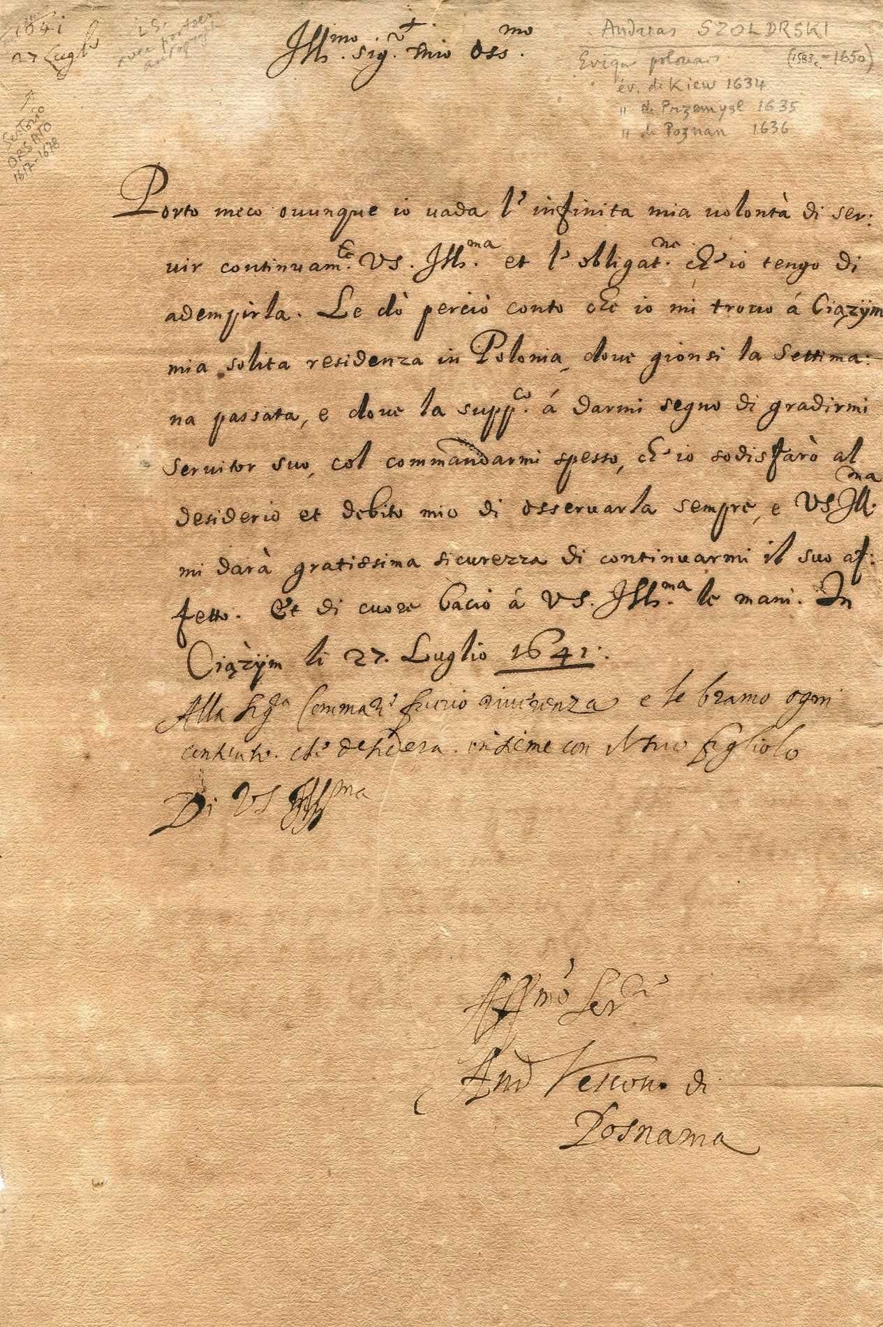 List Biskup Andrzej SZOŁDRSKI Poznań 1641, Kościan, Czempiń