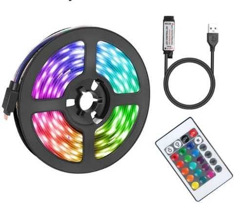 Fita LED RGB com 5 metros para decoração fundo TV + Comando Remoto
