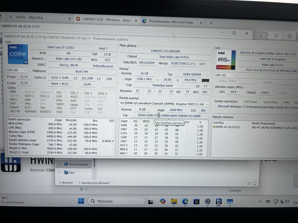 Lenovo ThinkPad L14 Gen 3 \ i5-1235U 12. gen\ 16GB DDR4 \ 512GB SSD