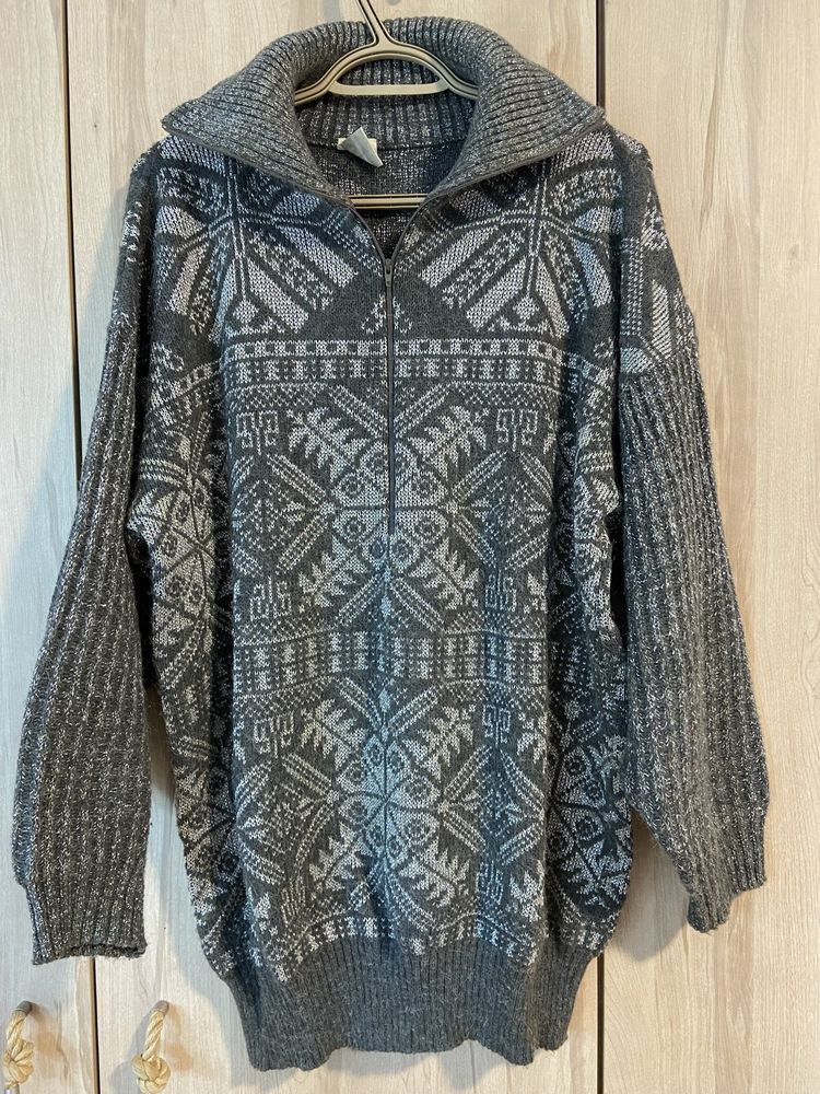 Oui L/52 sweter męski wzorek szary srebrny zamek Vintage