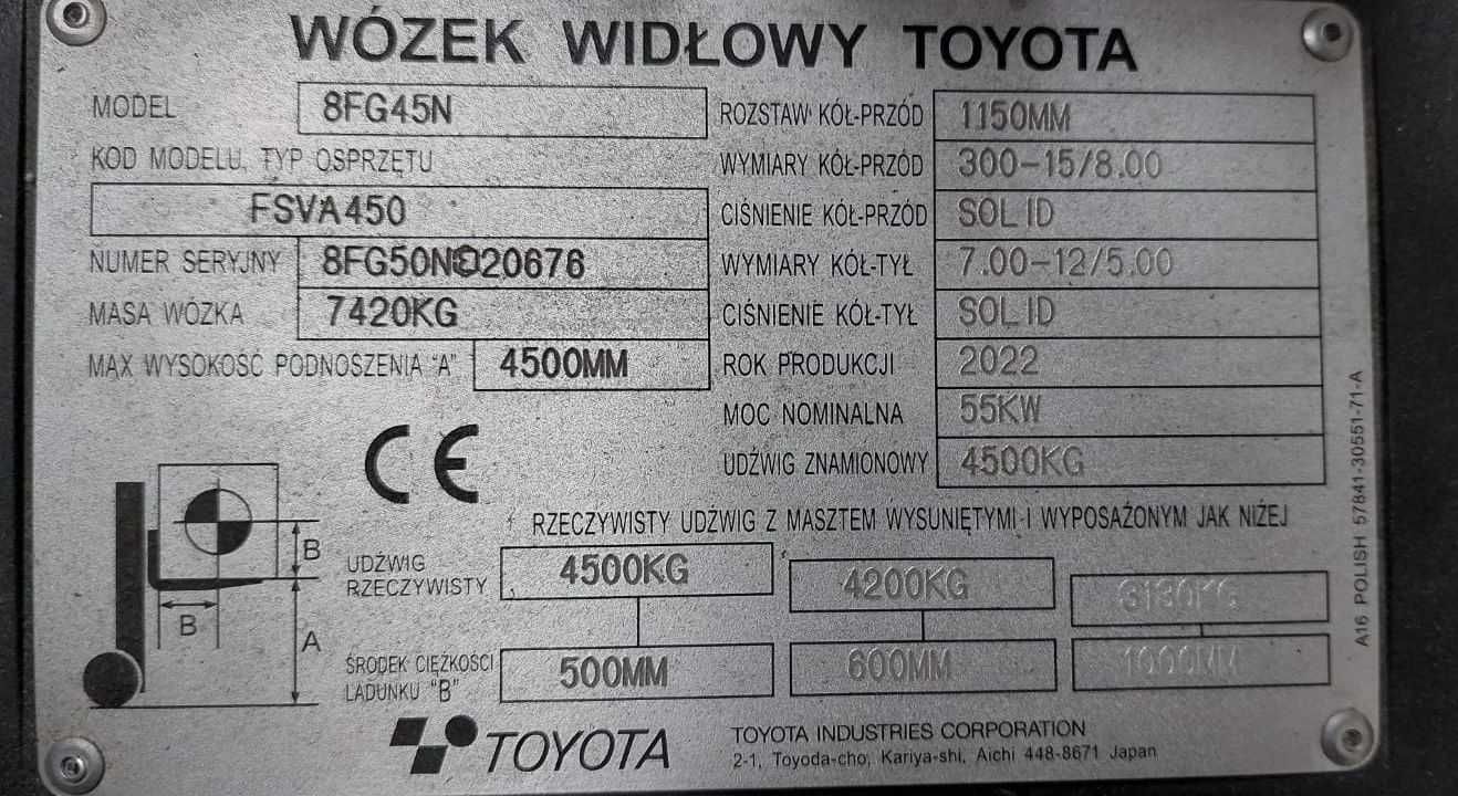 Toyota 8FGF45N  wózek widłowy udźw. 4,5 tony spalinowy LPG