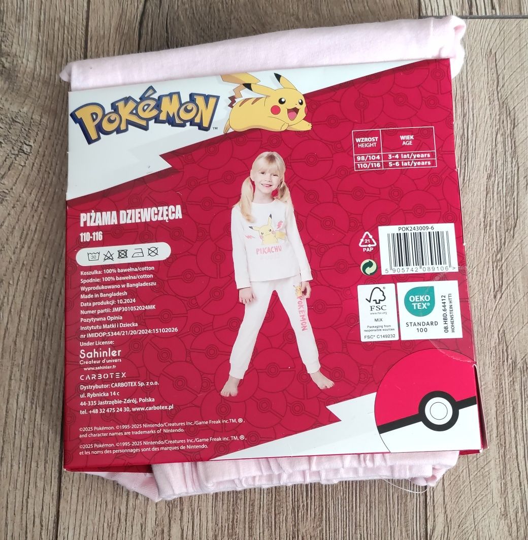 Piżama dziewczęca dwuczęściowa Pokemon Pikachu 110-116 nowa