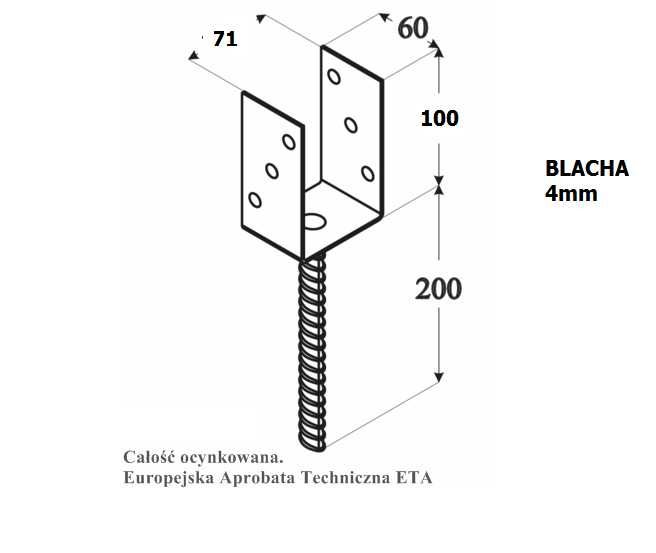 Podstawa słupa do wmurowania kotwa U 70mm grubość 4mm