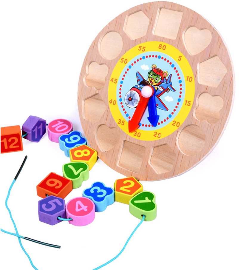 SORTER Drewniany ZEGAR Edukacyjny + Koraliki Do Nawlekania Układanka