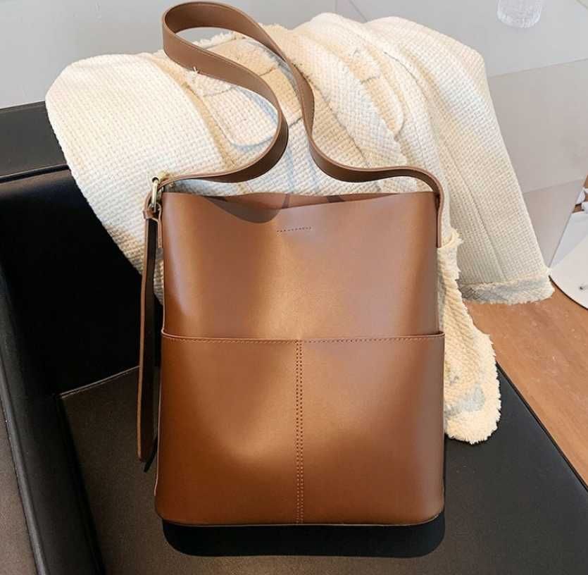 Torebka Damska Torba na Ramię Brązowa Pojemna Shopper A4 Eko Skóra