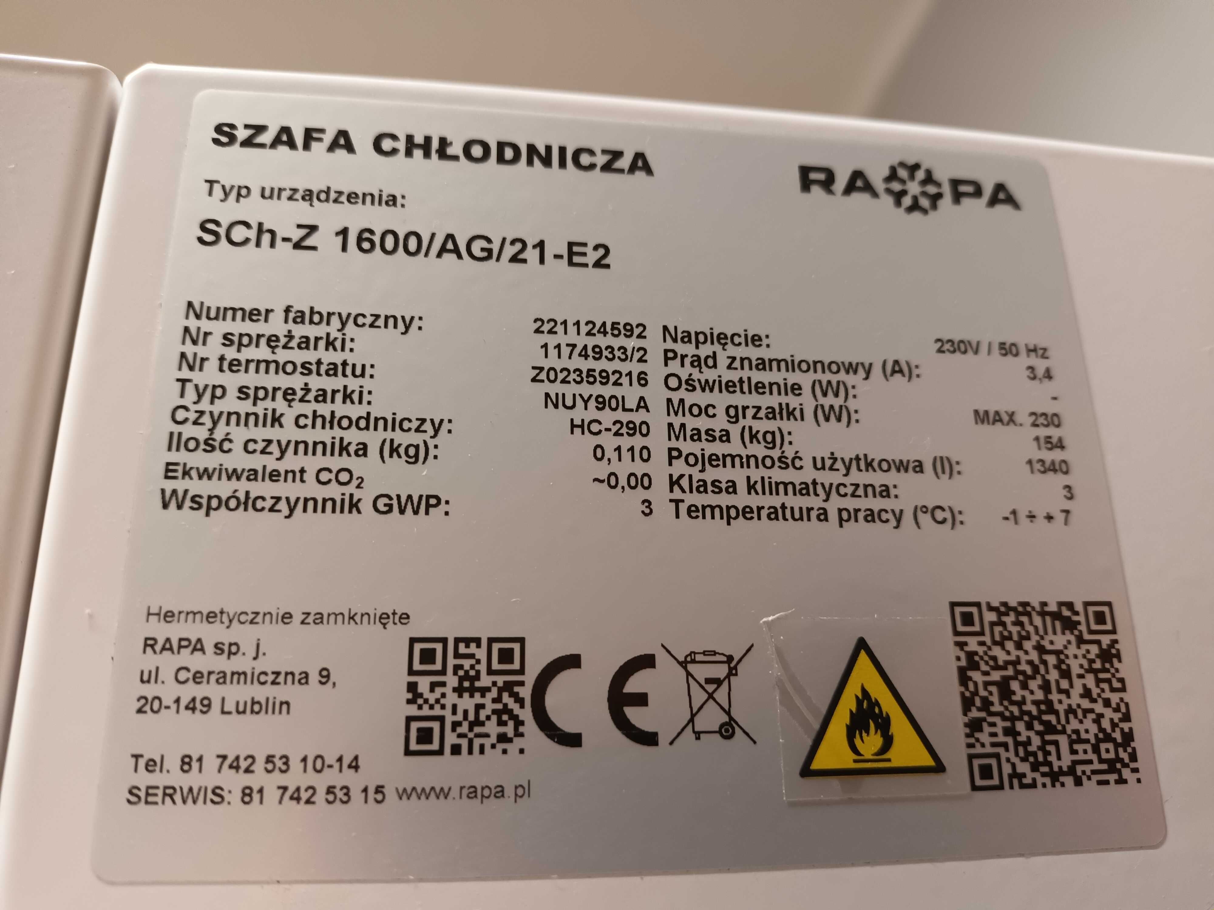 Szafa chłodnicza RAPA SCh-Z 1600/AG/21-E2