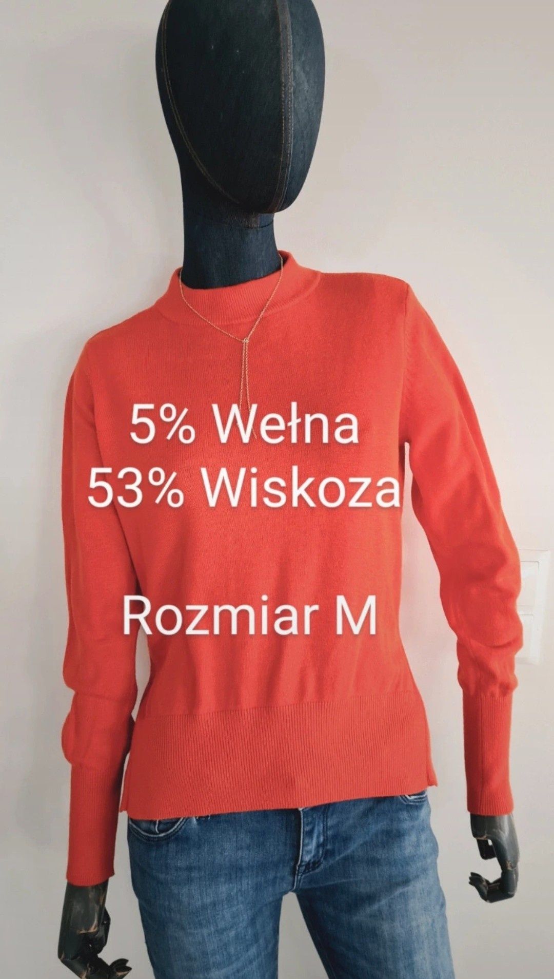 Półgolf Sweter H&M czerwony. 5% Wełna i 53% Wiskoza.  Rozmiar M 38.