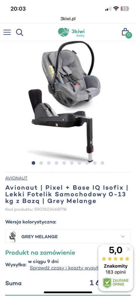 Avionaut Pixel z bazą isofix 0-13kg (Grupa 0+) GREY