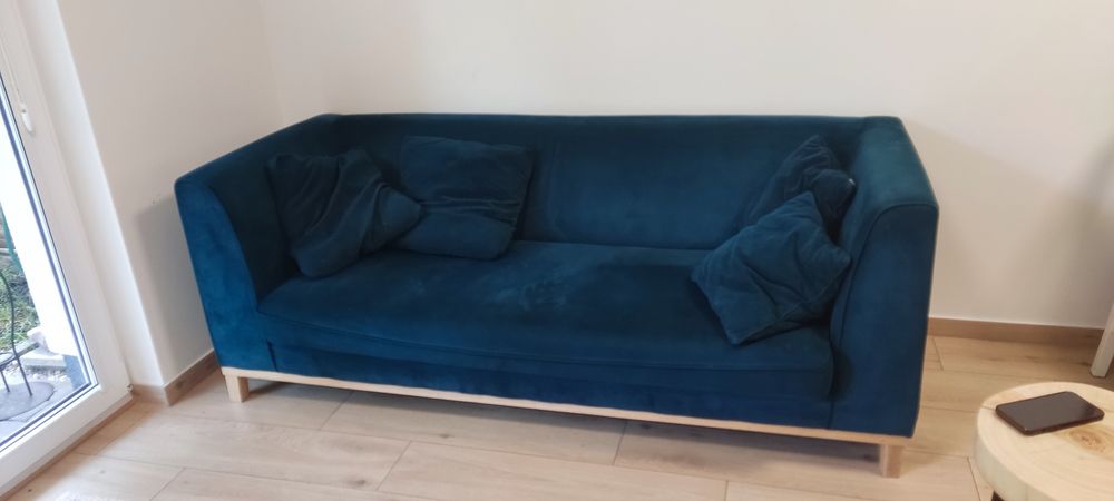 Sofa welurowa butelkowa zieleń – 200 cm, stan bardzo dobry, Polska