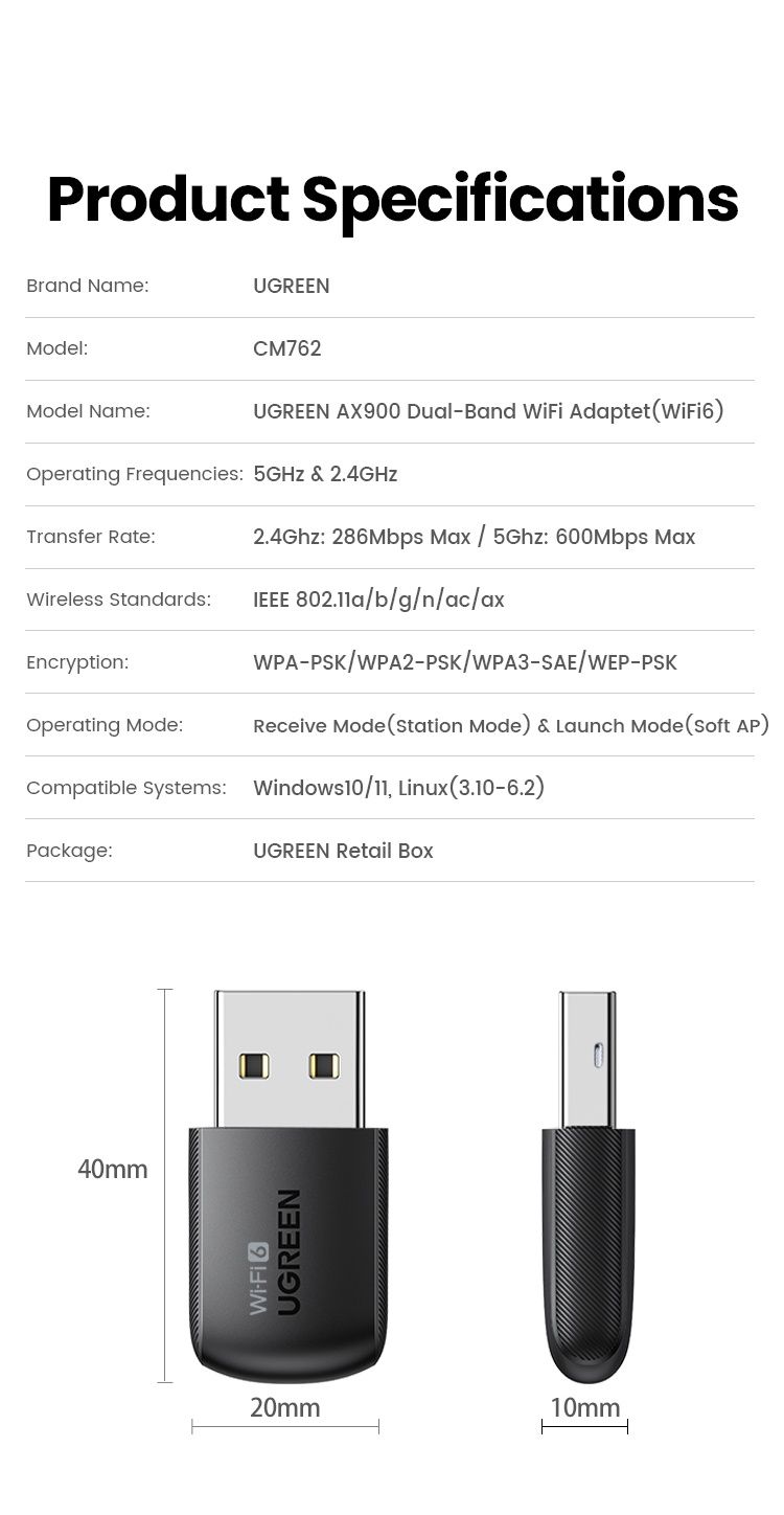 UGREEN WiFi 6 AX900 5G/2.4G USB адаптер CM762