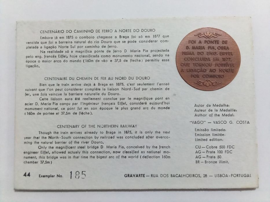 Filo-Medalhística - 1º Centenário do Caminho de Ferro a Norte do Rio D