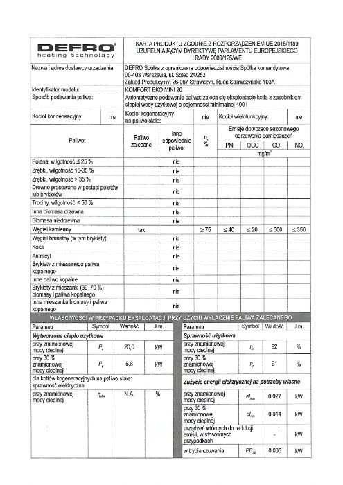 kocioł piec defro komfort eko mini 20kw