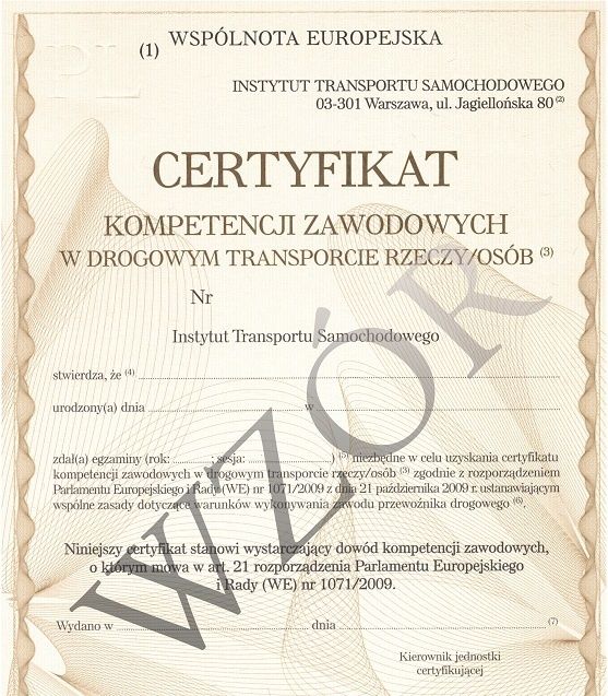 Certyfikat kompetencji zawodowych przewoźnika CKZ użyczę