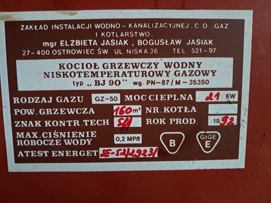 Kocioł grzewczy wodny - gazowy typ BJ 90 (21 kW)