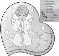 Srebrny Obrazek z Grawerem Aniołek Pamiątka Chrztu Komunii Anioł Stróż
