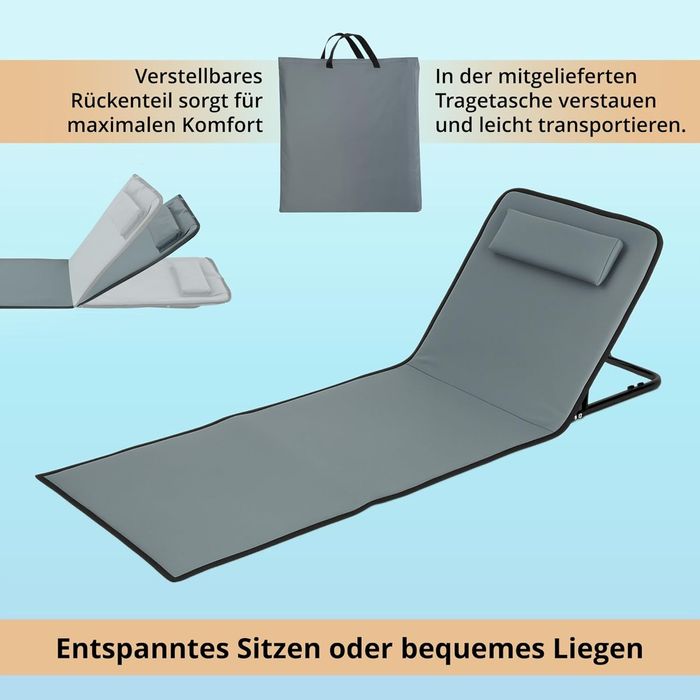 Mata plażowa składana z regulowanym oparciem i torbą – szara