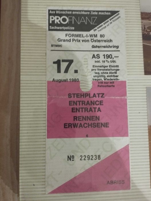 Bilhete de F1 - 11º Grande Prémio da Austria 1980