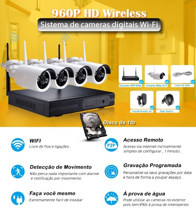 Sistema wifi 4 cameras HD 960p 1tb video vigilancia sem fios wireless