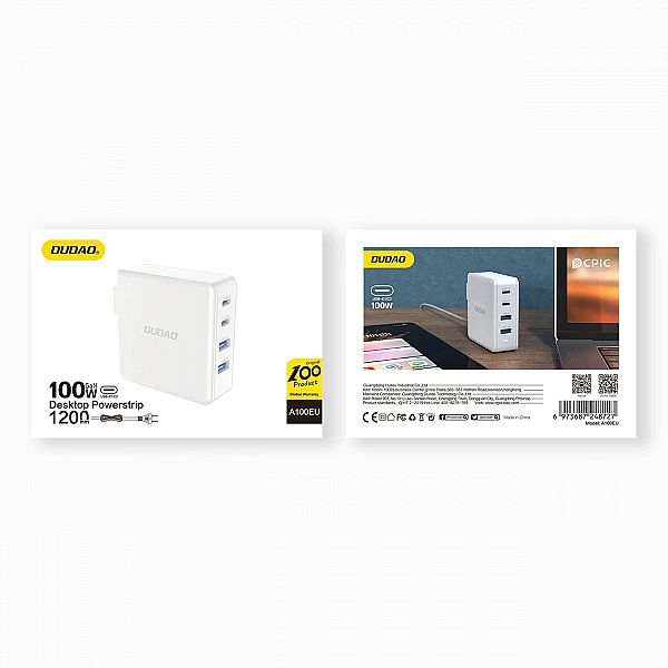 Szybka ładowarka sieciowa GaN 100W 2 x USB-C / 2 x USB Dudao A100EU -