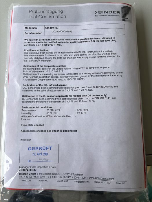 Inkubator CO2 Binder CB 260 cieplarka laboratoryjna