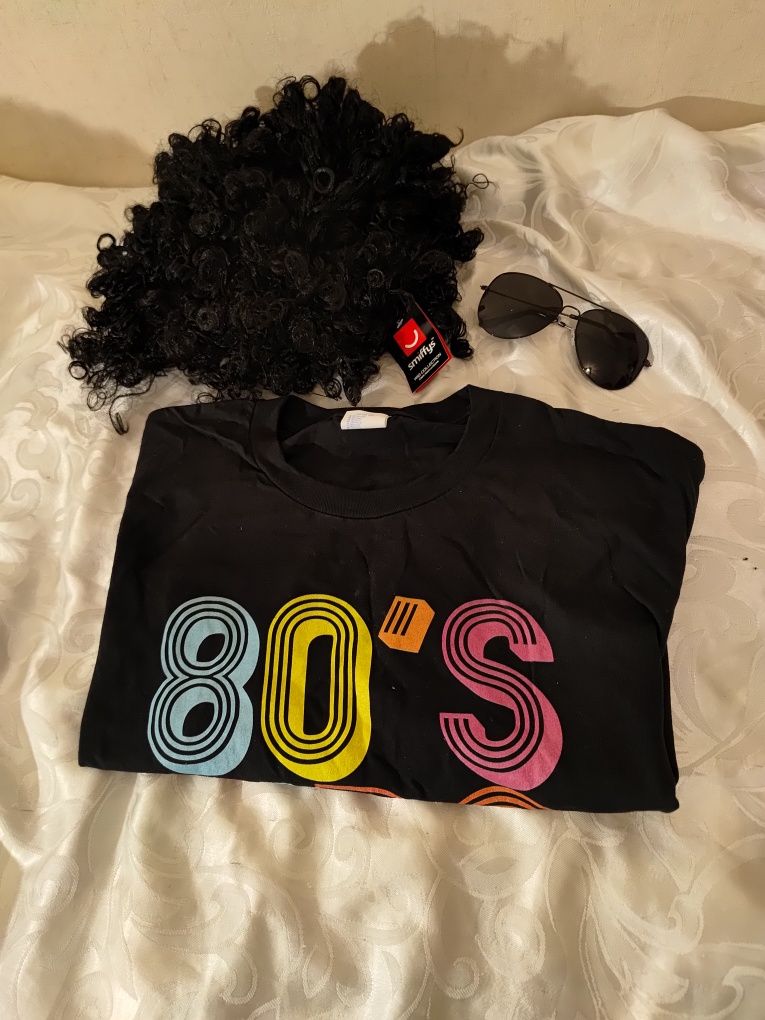 Strój przebranie lata 80-te t-shirt bawełna peruka okulary rozmiar L