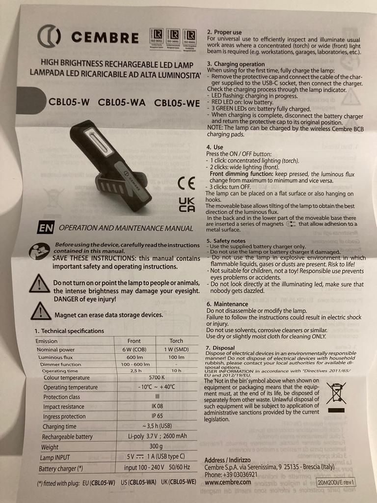 Lanterna portátil CEMBRE CBL05-W LED 600lm - Novo