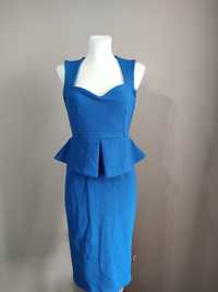 Zjawiskowa elegancka suknia z baskinką kobaltowa 38 M