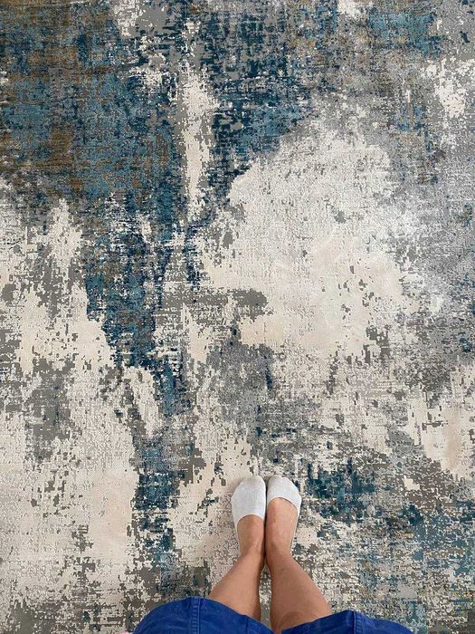 Rug 200x300 cm – Grey & Beige with Blue Accents