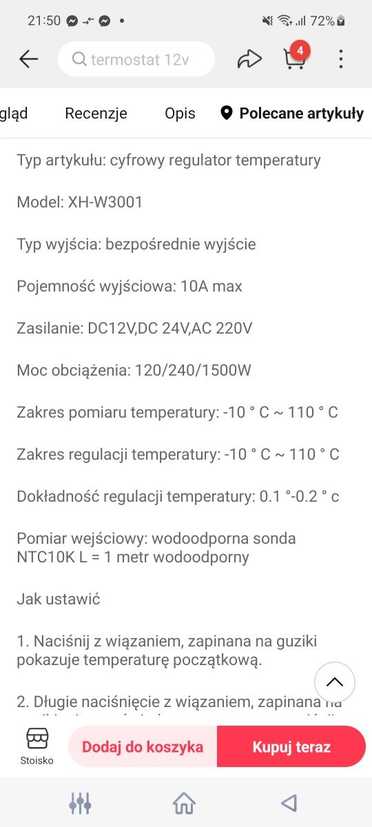 Przekaznik temperaturowy termostat kontroler 220V 1500W