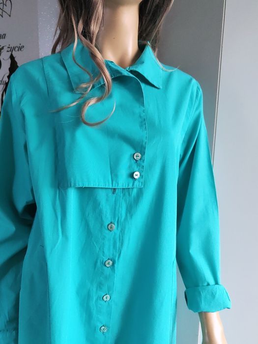 Turkusowa luźna koszula oversize asymetryczna bawełniana rozmiar 38