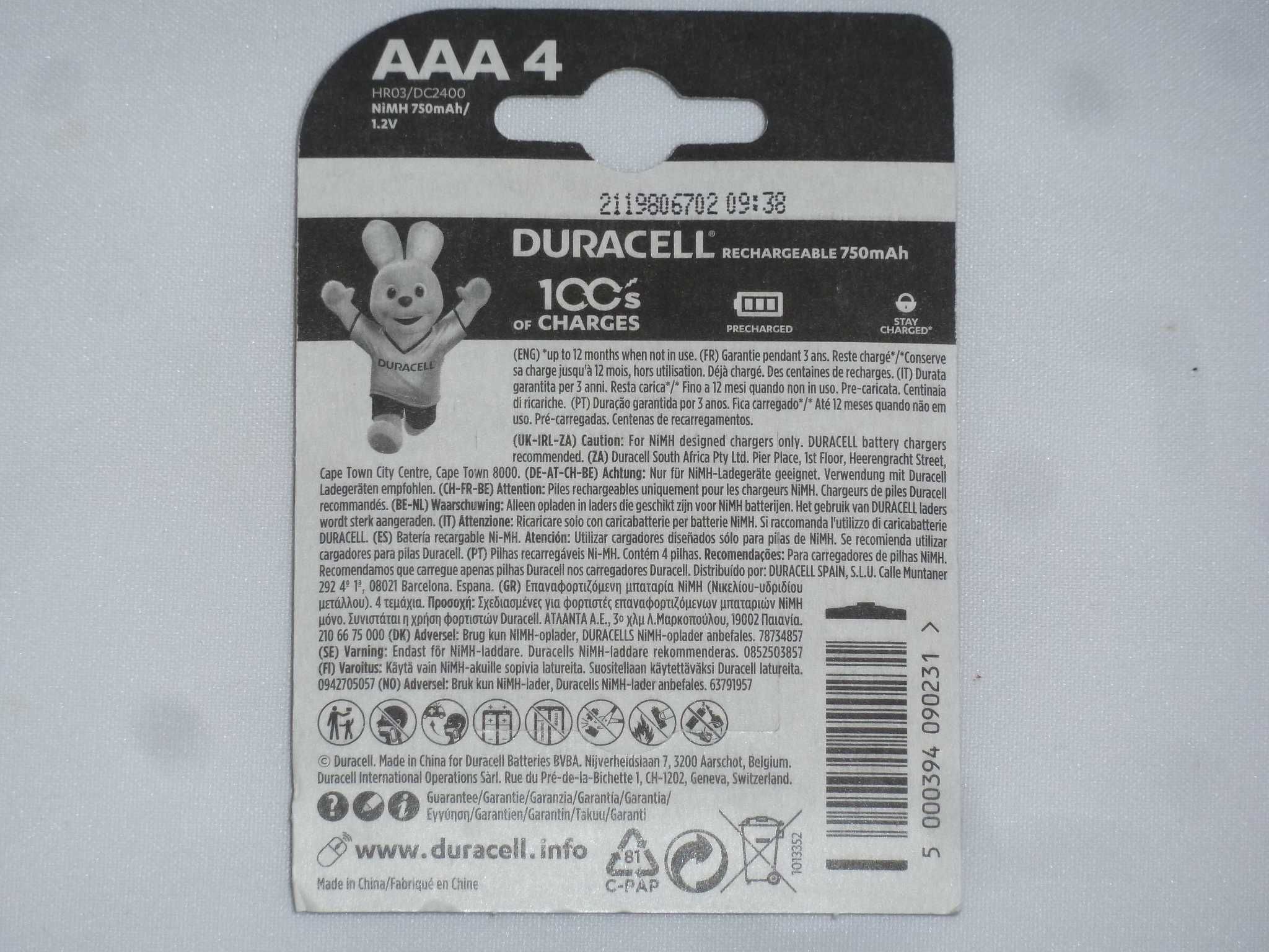 4 x Akumulatorki Duracell AAA 750mAh NiMH - Małe Paluszki