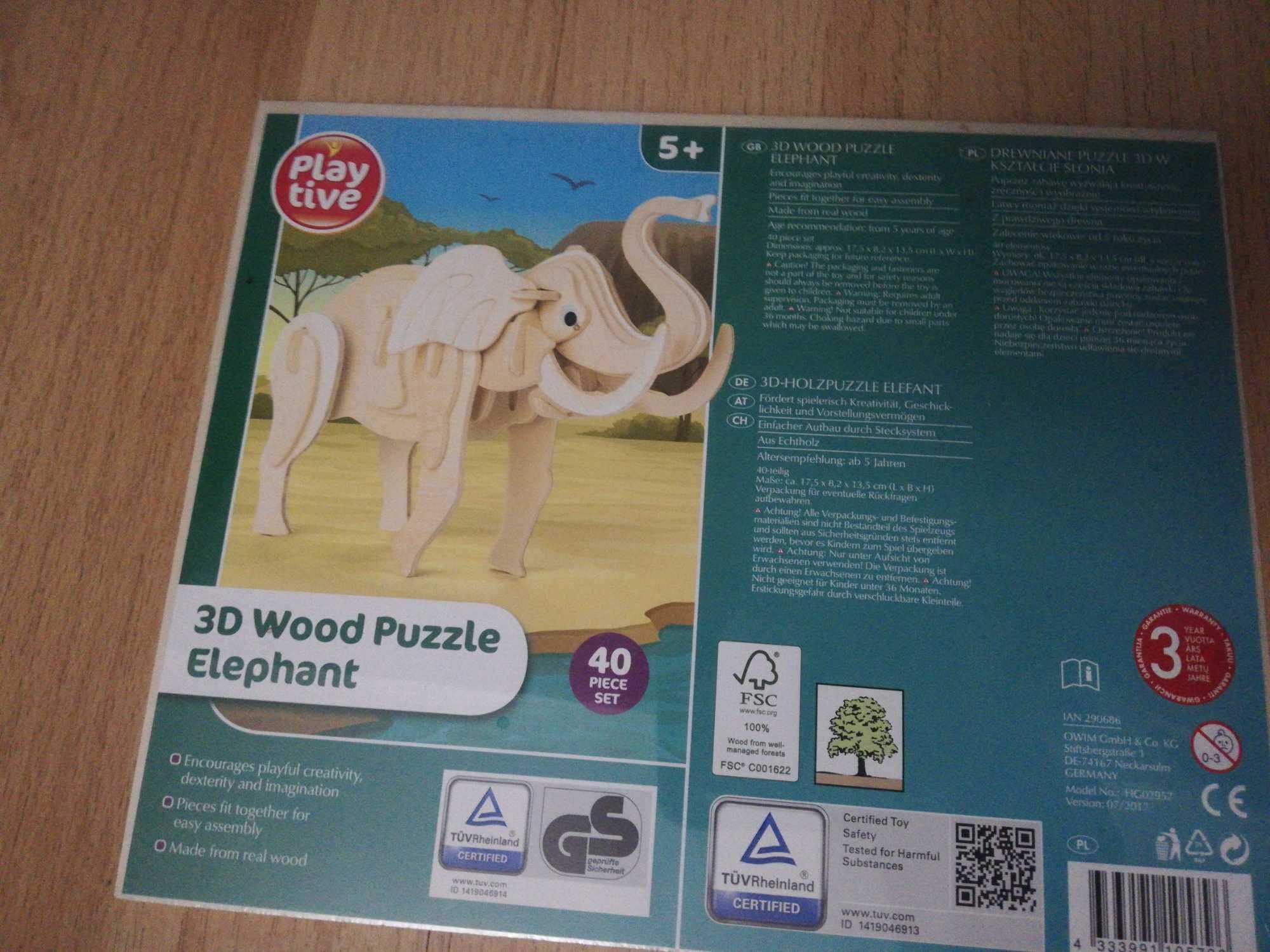 Puzzle przestrzenne, drewniane, Wood 3D Słoń