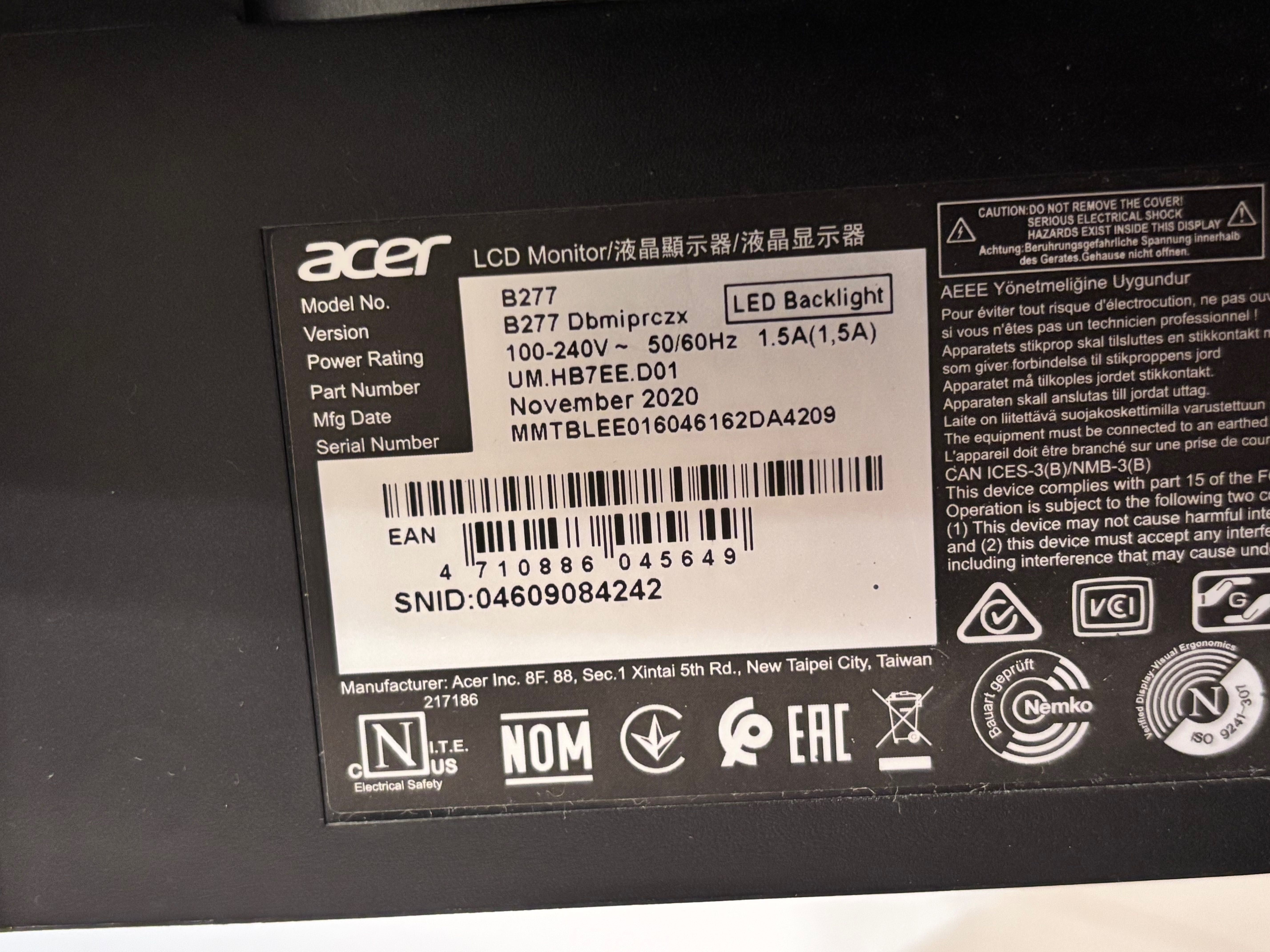 Monitor Acer 27” B227 Dbmiprczx