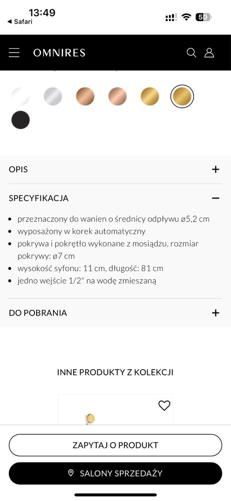Syfon wannowy przelewowo-odpływowo-napełniający omnires zloto szczot
