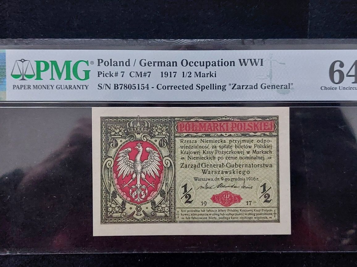 1/2 marki 1916 PMG 64 EPQ ! Piekny egzemplarz marki polskiej 1917