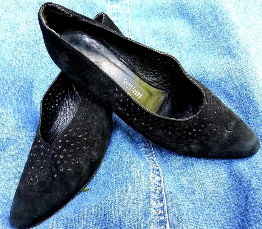 skórzane buty czółenka 38 czarne S.Kélian ażur przód #vintage unikat