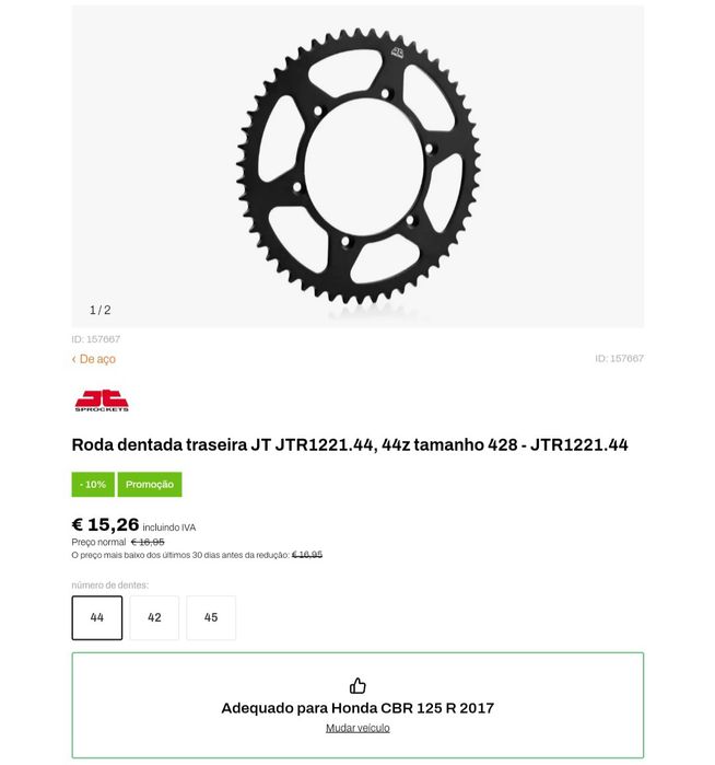 Roda dentada traseira CBR 125 r 14 até 19