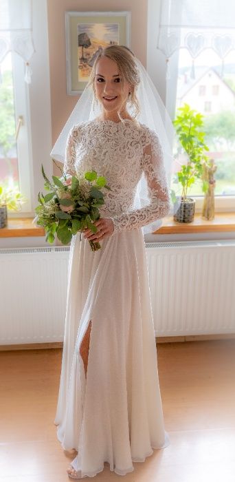suknia ślubna z odkrytymi ramionami, muślin, zwiewna, litera A+bolerko