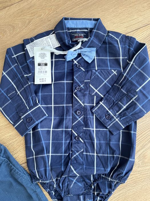 Świąteczny komplet koszula czerwona krata granatowe spodnie z szelkami