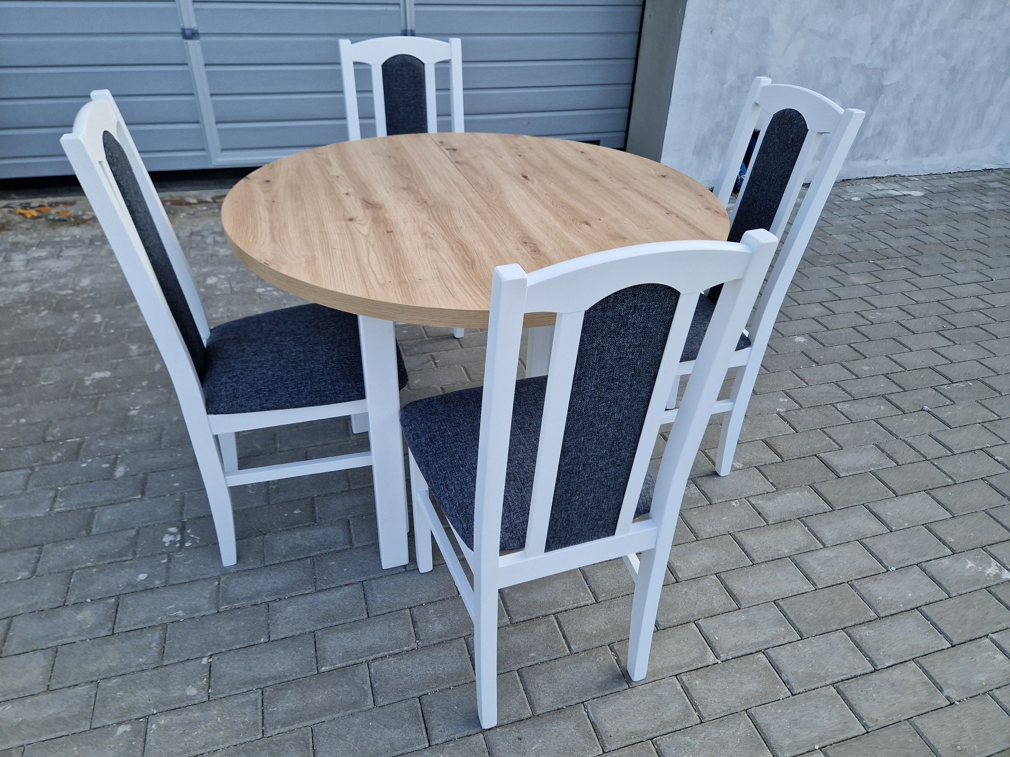 Nowe: Stół okrągły + 4 krzesła, biały/artisan + grafit, transport PL