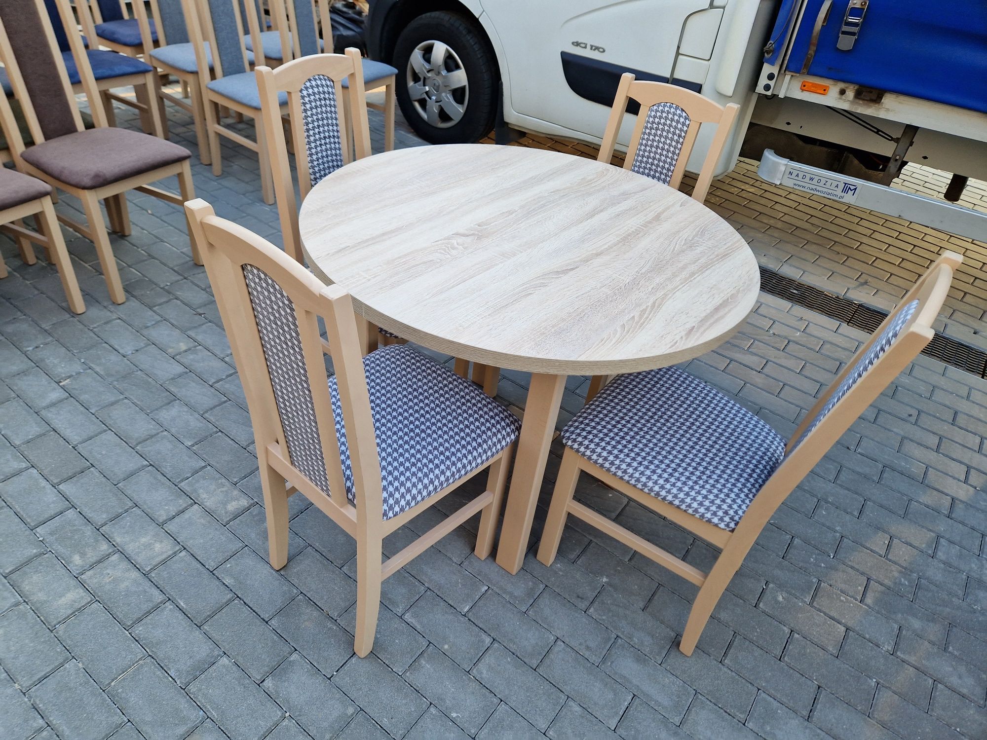 Nowe: Stół okrągły + 4 krzesła, sonoma + pepitka , transport cała PL