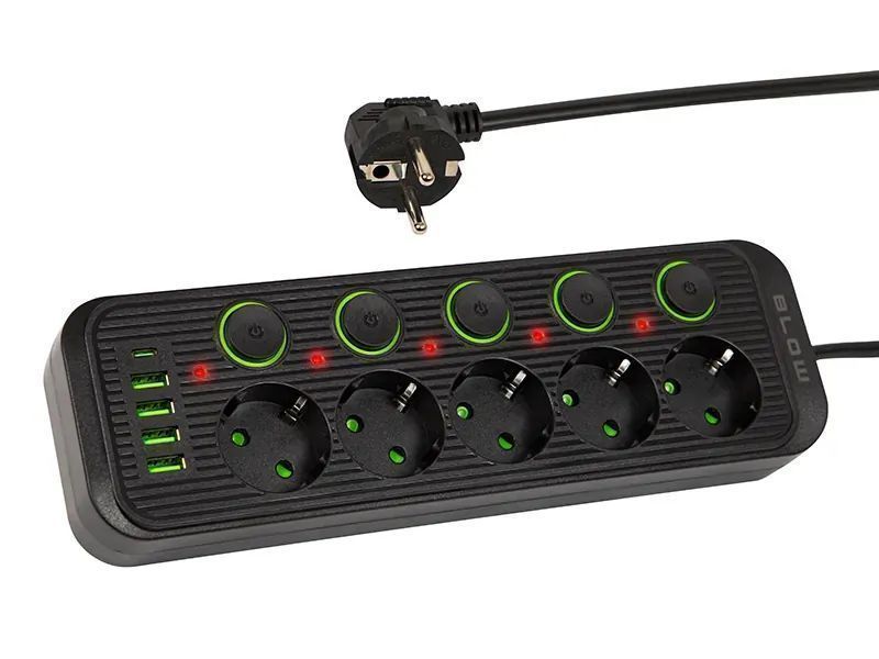 Listwa przedłużacz 5 gniazd + 4x USB + 1x USC-C 5m czarny 98-209#