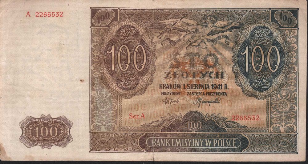 Banknot 100 zł. 1941 r. Bank Emisyjny w Polsce seria A