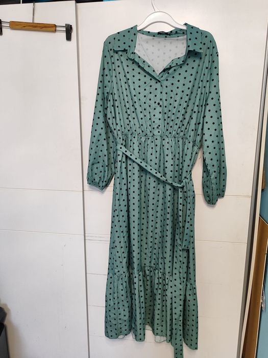 Shein śliczna długa koszulowa zwiewna sukienka z paskiem grochy 4xl